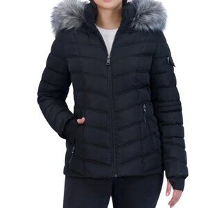 Nautica Women's Puffer Jacket with Faux Fur Hood Jacket, Black Size Small
